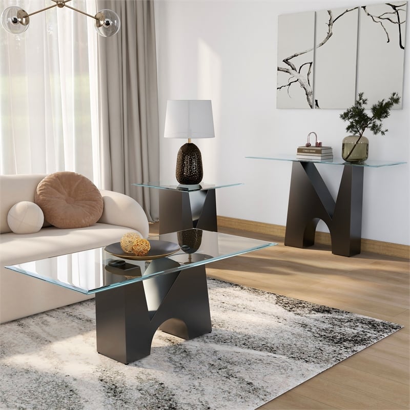 Bowery Hill Metal and Glass Top 3-Piece Coffee Table Set in Black