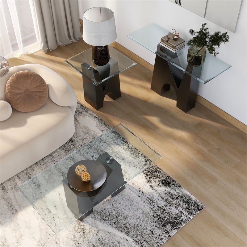 Bowery Hill Metal and Glass Top 3-Piece Coffee Table Set in Black