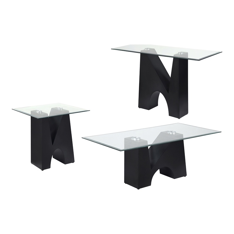 Bowery Hill Metal and Glass Top 3-Piece Coffee Table Set in Black