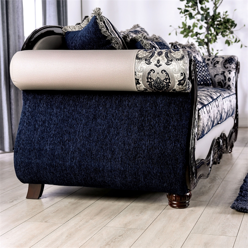 Bowery Hill Chenille Upholstered Blue and Silver 2-Piece Sofa Set