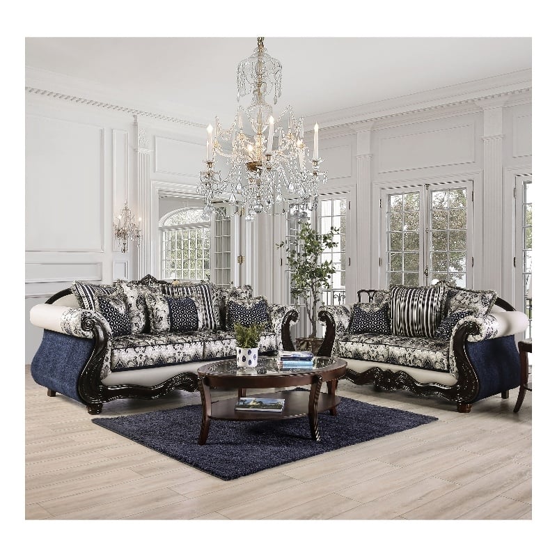 Bowery Hill Chenille Upholstered Blue and Silver 2-Piece Sofa Set