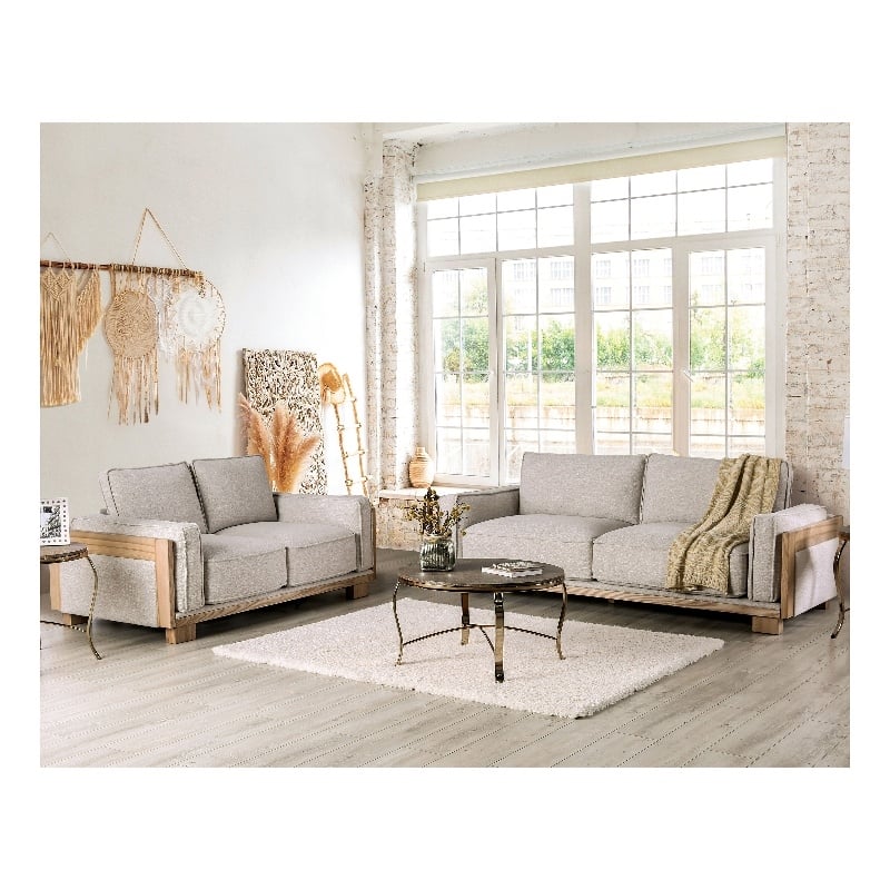 Bowery Hill Fabric Upholstered 2-Piece Sofa Set in Light Brown