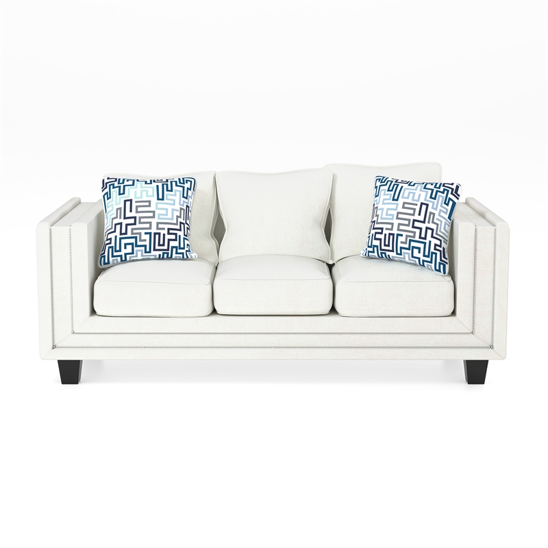 Bowery Hill Contemporary Chenille Nailhead Sofa in Ivory Finish