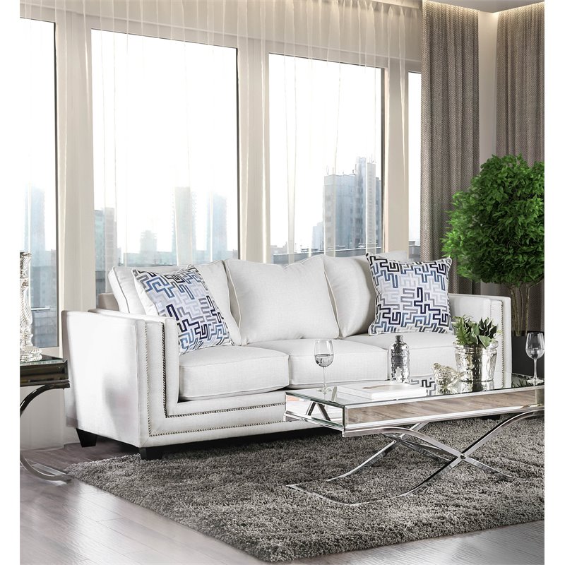 Bowery Hill Contemporary Chenille Nailhead Sofa in Ivory Finish