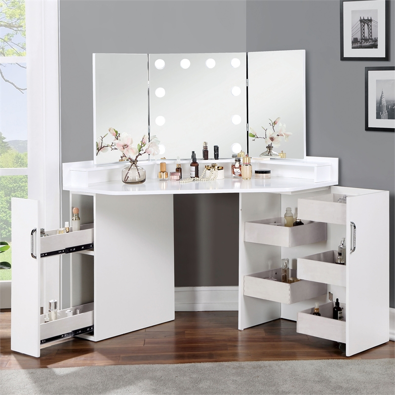 Bowery Hill Wood Bulb 2-Piece Vanity Table and Mirror Set in White