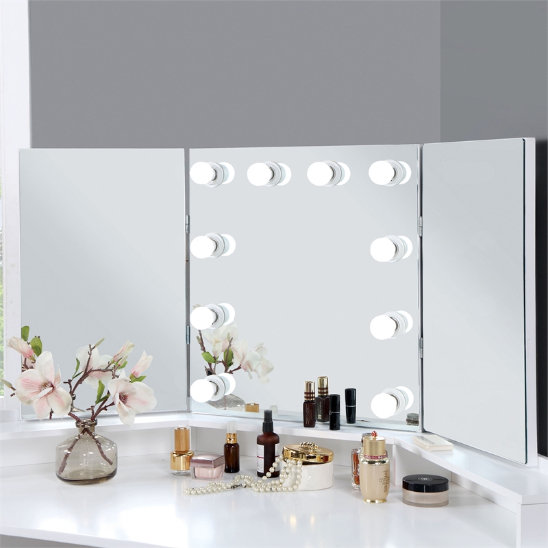 Bowery Hill Wood Bulb 2-Piece Vanity Table and Mirror Set in White