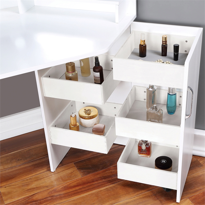 Bowery Hill Wood Bulb 2-Piece Vanity Table and Mirror Set in White