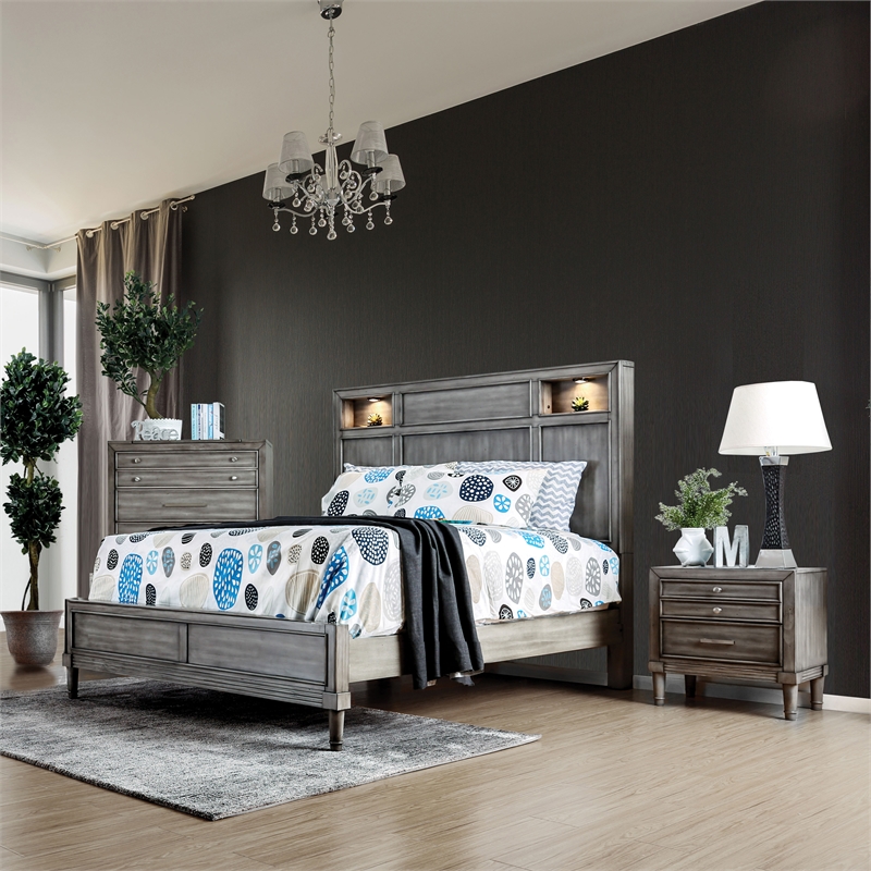 Bowery Hill 2pc Gray Solid Wood Bedroom Set- Cal King + 1 Nightstand