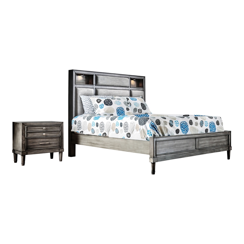 Bowery Hill 2pc Gray Solid Wood Bedroom Set- Cal King + 1 Nightstand