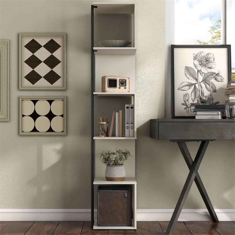Bowery Hill Modern Wood 5-Shelf Corner Bookcase in Cream Weave