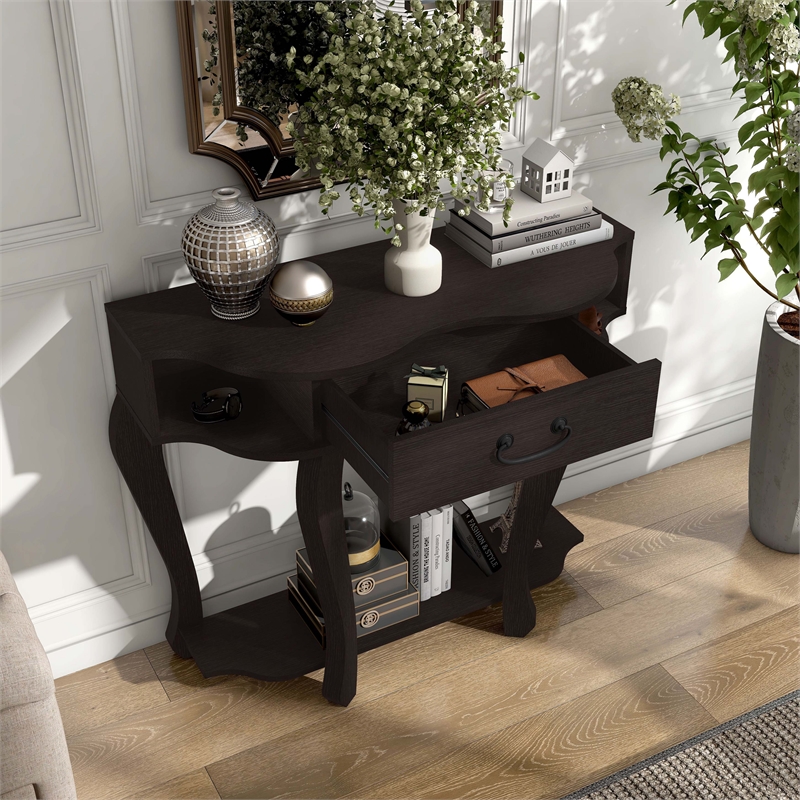 Bowery Hill Wood 1-Drawer Console Table with Shelf in Espresso