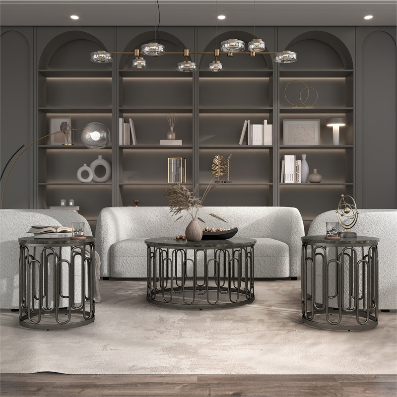 Bowery Hill Marble and Metal 3-Piece Coffee Table Set in Black