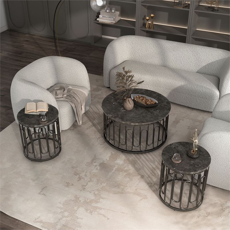 Bowery Hill Marble and Metal 3-Piece Coffee Table Set in Black
