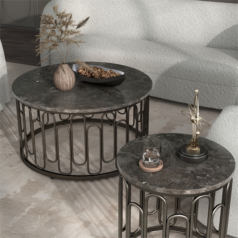 Bowery Hill Marble and Metal 3-Piece Coffee Table Set in Black
