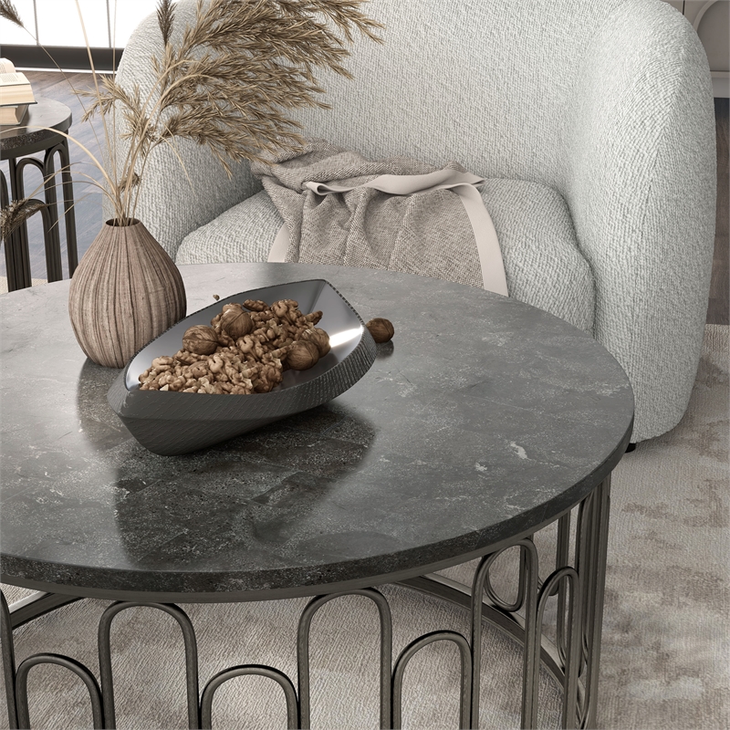 Bowery Hill Marble and Metal 3-Piece Coffee Table Set in Black