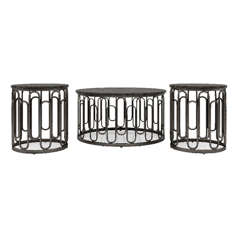 Bowery Hill Marble and Metal 3-Piece Coffee Table Set in Black