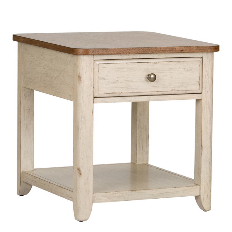 Bowery Hill Farmhouse Wood Reimagined White End Table with Basket