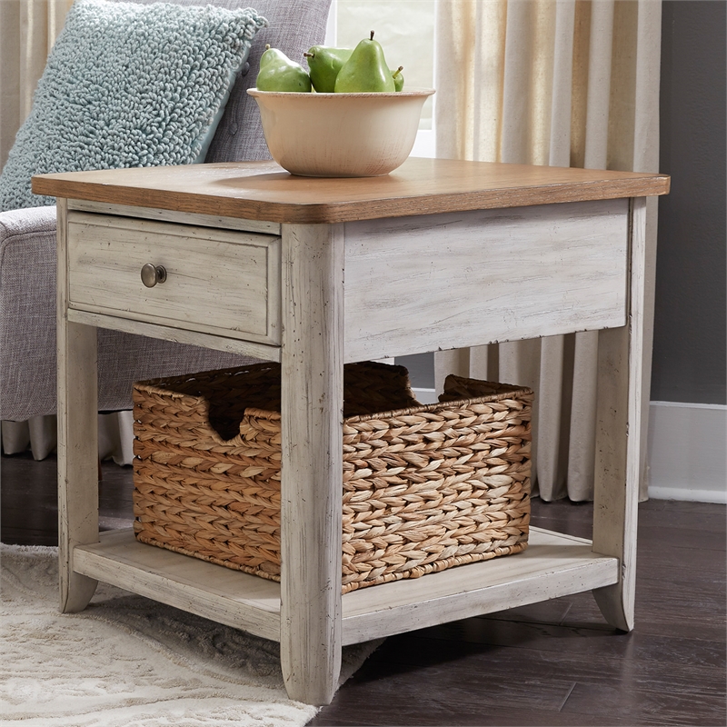 Bowery Hill Farmhouse Wood Reimagined White End Table with Basket