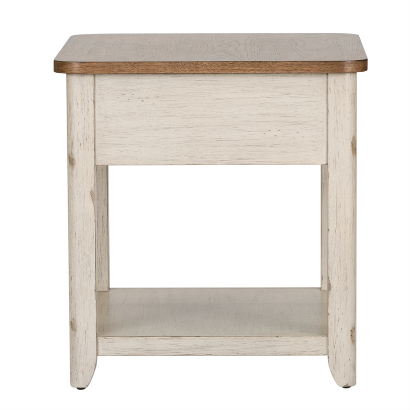 Bowery Hill Farmhouse Wood Reimagined White End Table with Basket