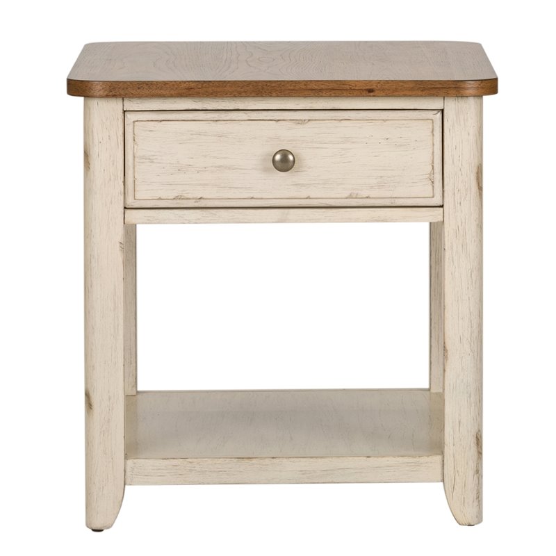 Bowery Hill Farmhouse Wood Reimagined White End Table with Basket