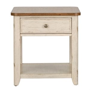 Bowery Hill Farmhouse Wood Reimagined White End Table with Basket
