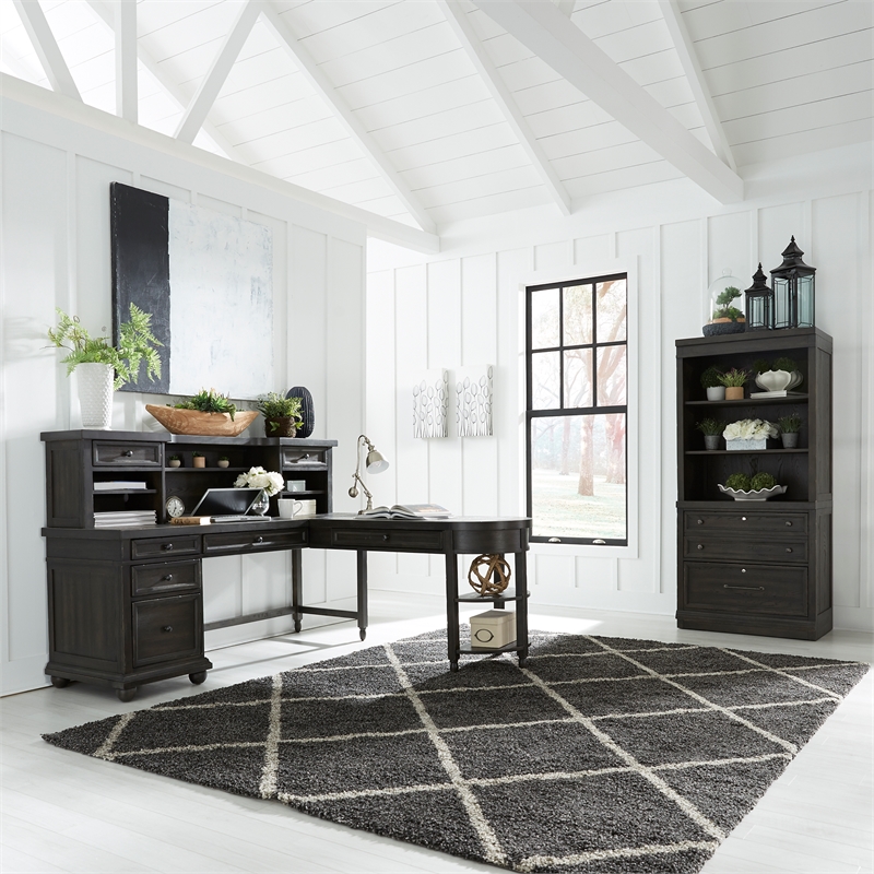 Bowery Hill Traditional Engineered Wood Black L Shaped Desk Set
