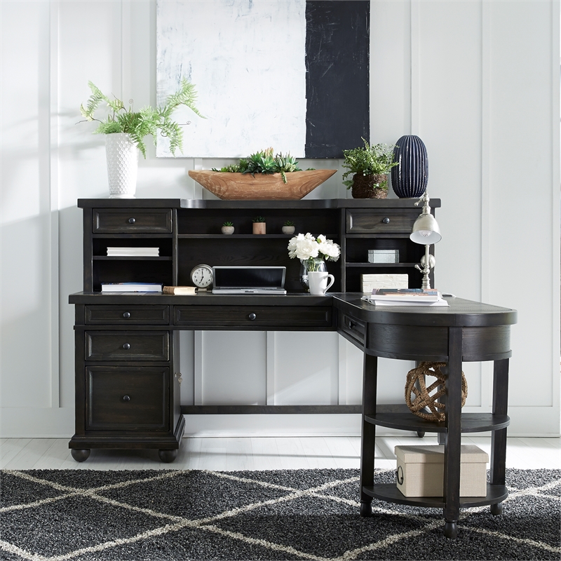 Bowery Hill Traditional Engineered Wood Black L Shaped Desk Set
