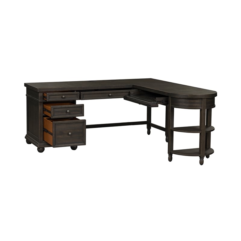 Bowery Hill Traditional Engineered Wood Black L Shaped Desk Set