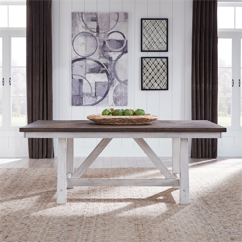 Bowery Hill Farmhouse Wood White and Brown 7 Piece Trestle Table Set