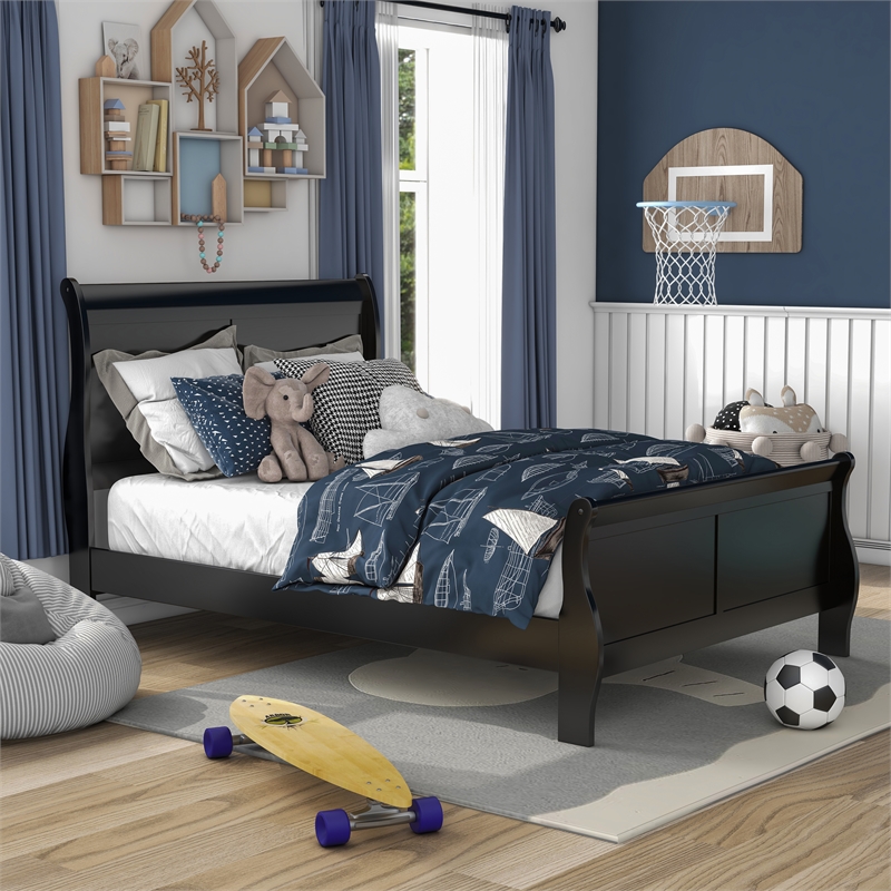 Bowery Hill Transitional Solid Wood Panel Full Bed in Black Finish