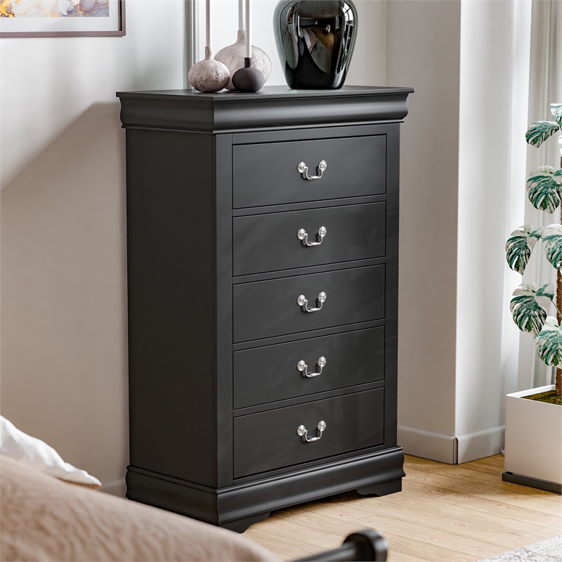 Bowery Hill Transitional Solid Wood 5-Drawer Chest in Black Finish