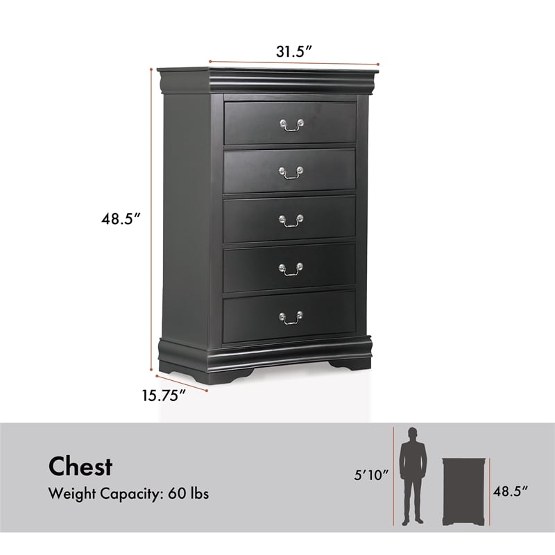 Bowery Hill Transitional Solid Wood 5-Drawer Chest in Black Finish