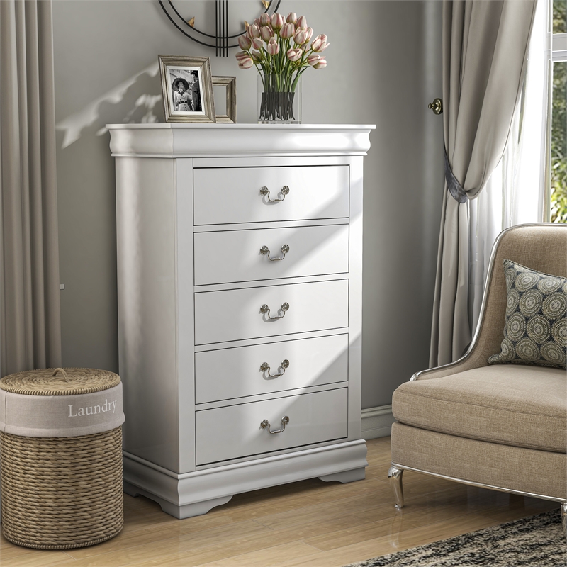 Bowery Hill Transitional Solid Wood 5-Drawer Chest in White Finish