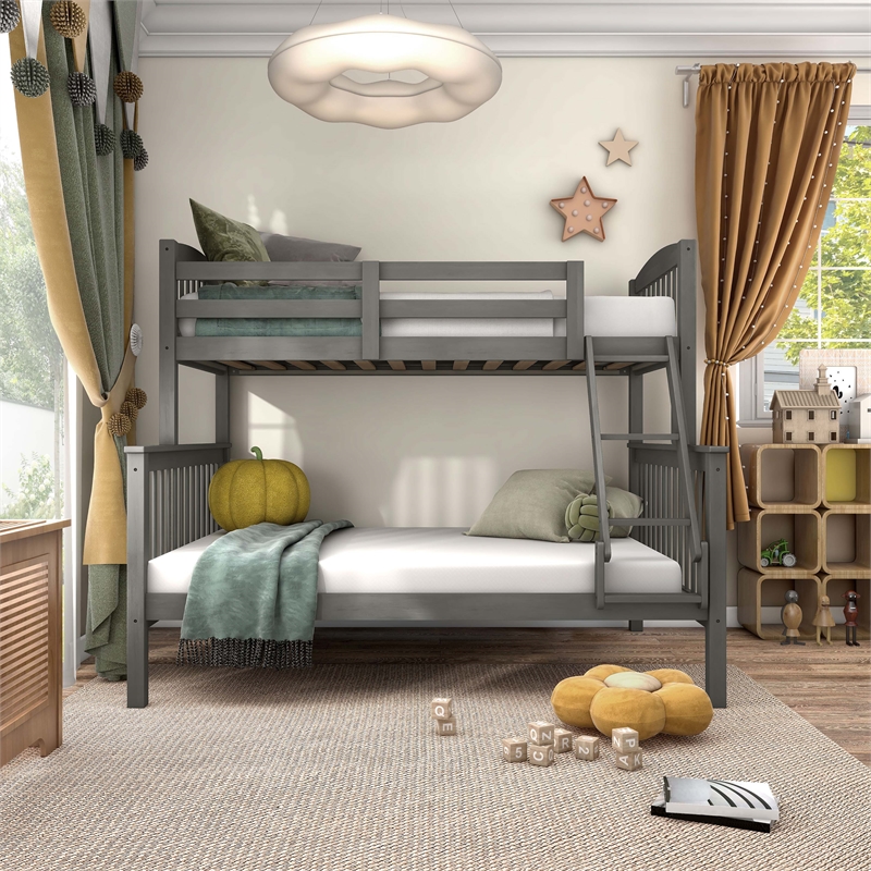 Bowery Hill Wood Twin over Full Bunk Bed with Ladder in Gray