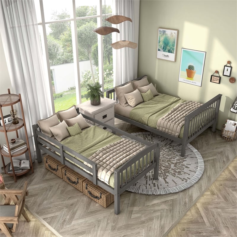 Bowery Hill Wood Twin over Full Bunk Bed with Ladder in Gray