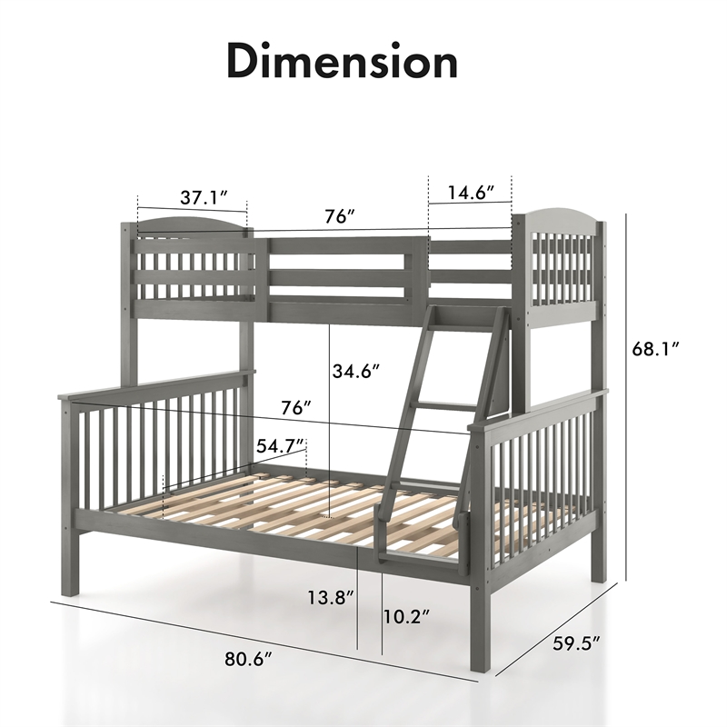 Bowery Hill Wood Twin over Full Bunk Bed with Ladder in Gray