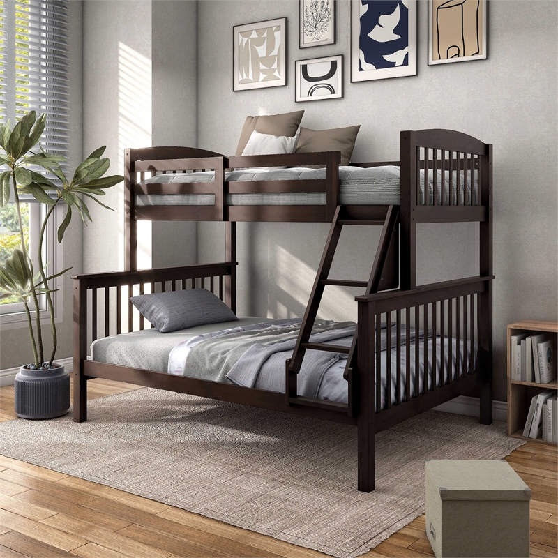Bowery Hill Wood Twin over Full Bunk Bed with Ladder in Brown