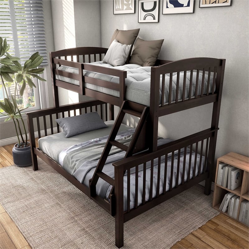 Bowery Hill Wood Twin over Full Bunk Bed with Ladder in Brown