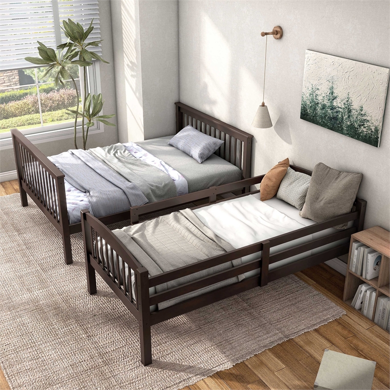 Bowery Hill Wood Twin over Full Bunk Bed with Ladder in Brown