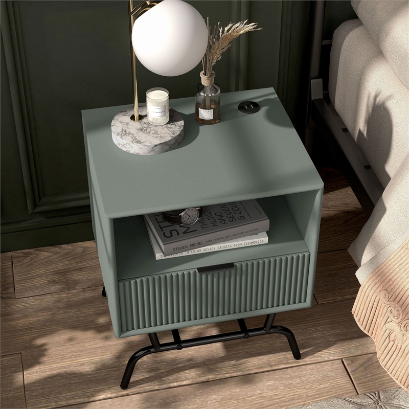 Bowery Hill Wood Storage End Table with USB Port in Sage Green