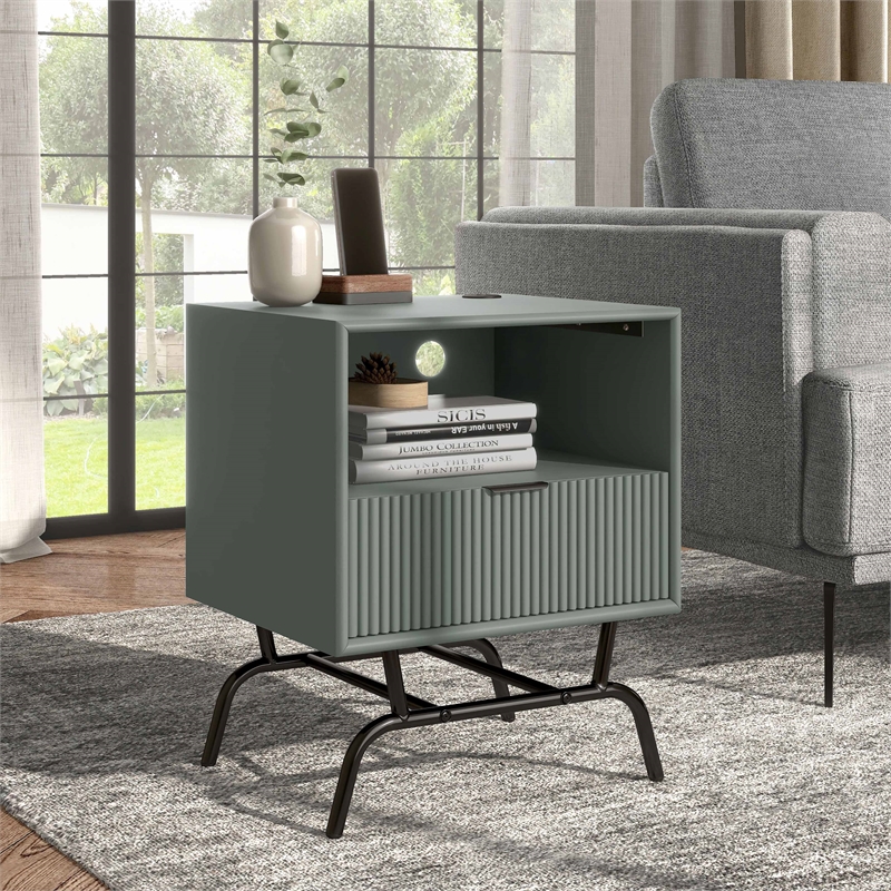 Bowery Hill Wood Storage End Table with USB Port in Sage Green