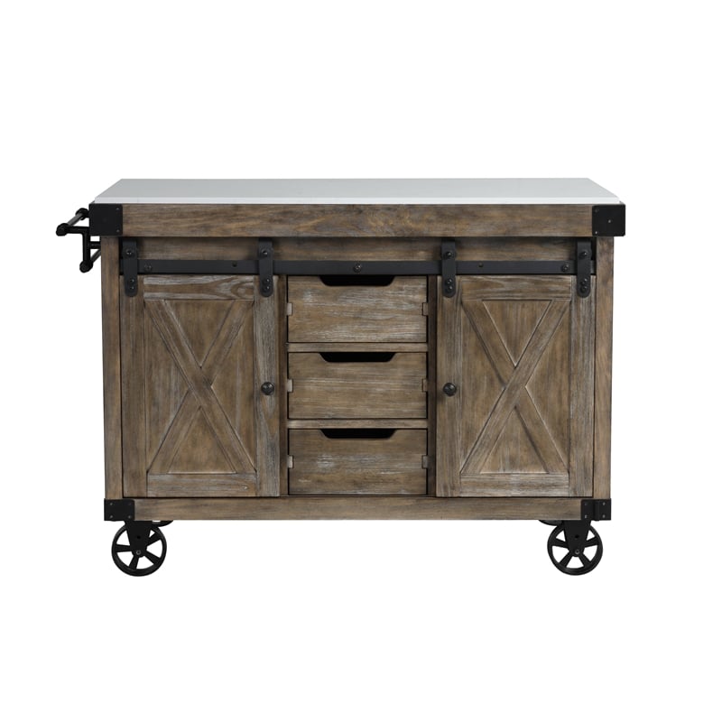 Bowery Hill Kitchen Island in Marble & Weathered Gray Finish
