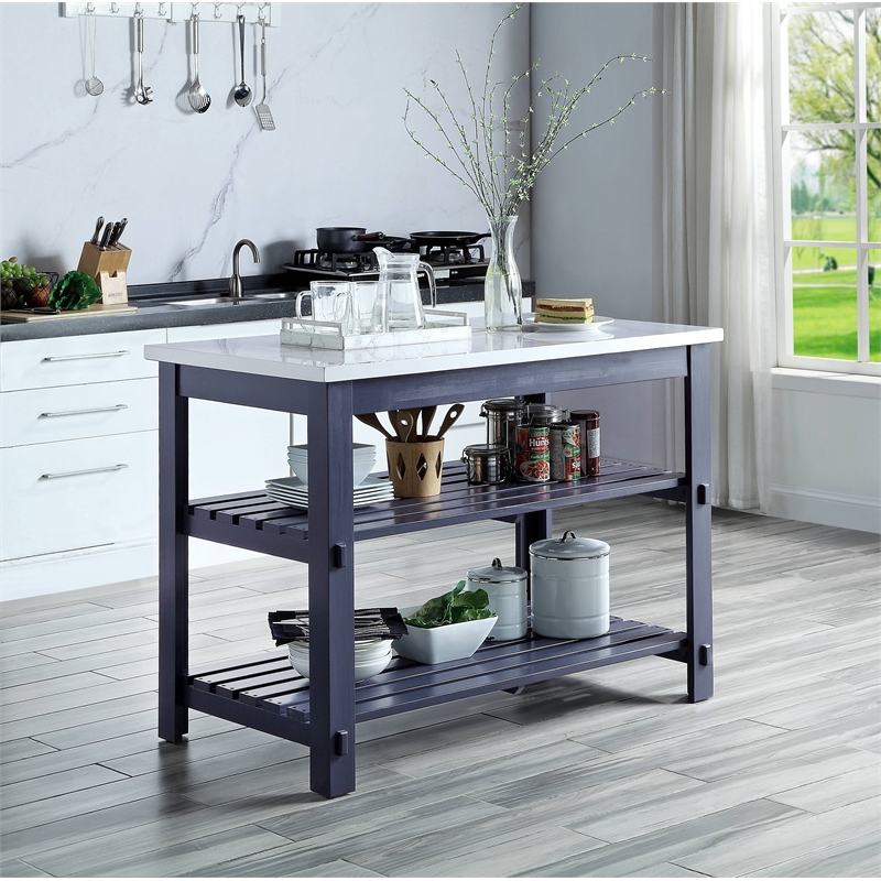 Bowery Hill Wooden Kitchen Island in Marble Top ad Gray Finish