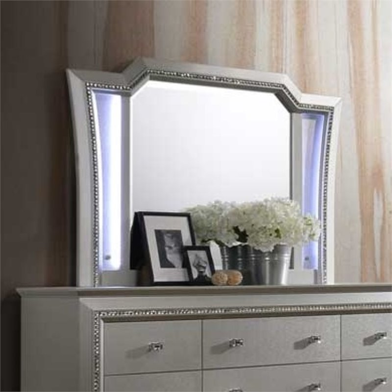 Bowery Hill Wooden Frame Mirror with LED in White and Champagne