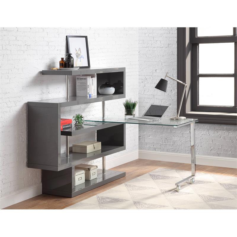 Bowery Hill Glass Top Writing Desk in Chrome and Gray High Gloss