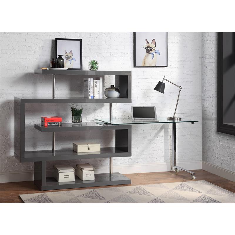 Bowery Hill Glass Top Writing Desk in Chrome and Gray High Gloss
