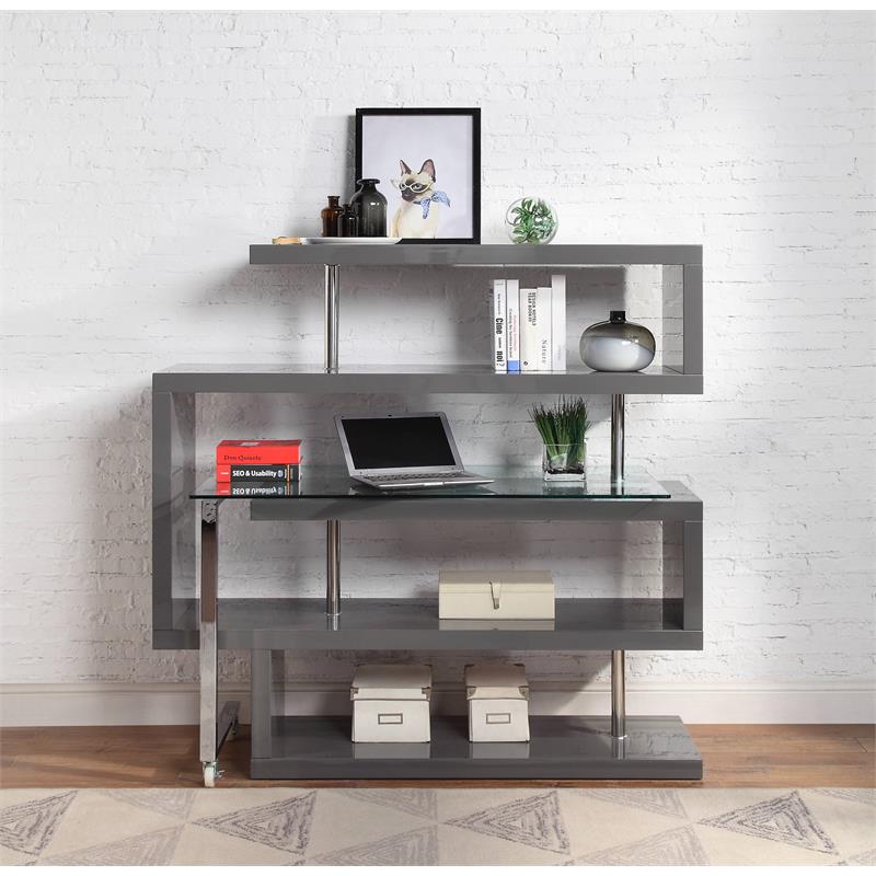 Bowery Hill Glass Top Writing Desk in Chrome and Gray High Gloss