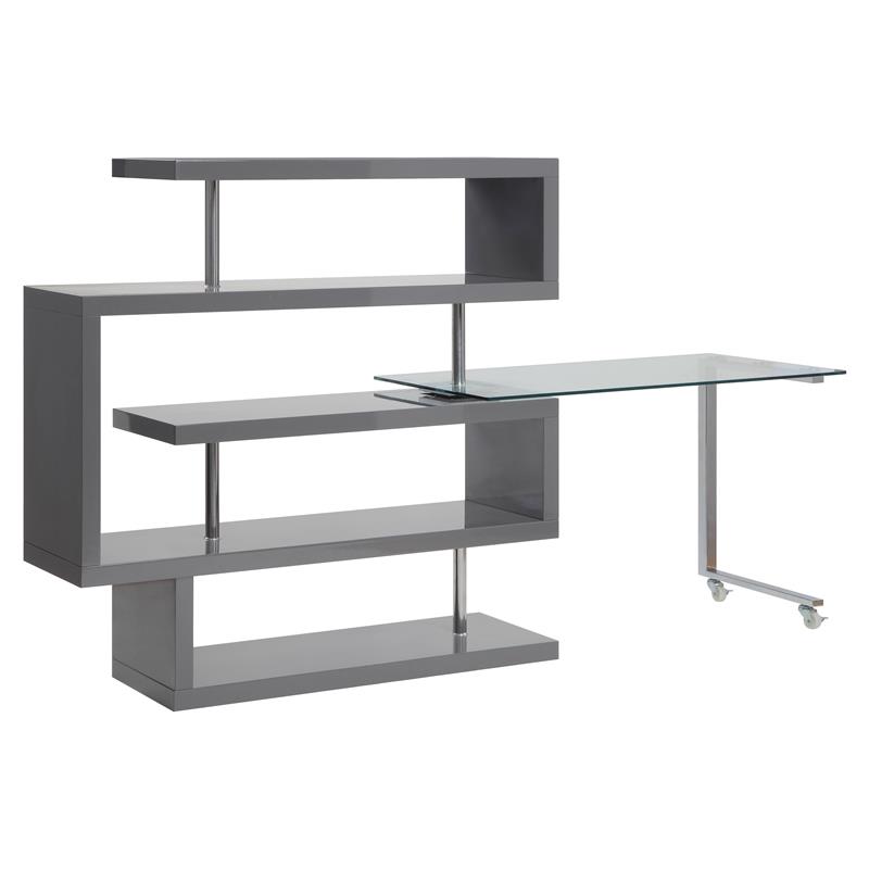 Bowery Hill Glass Top Writing Desk in Chrome and Gray High Gloss