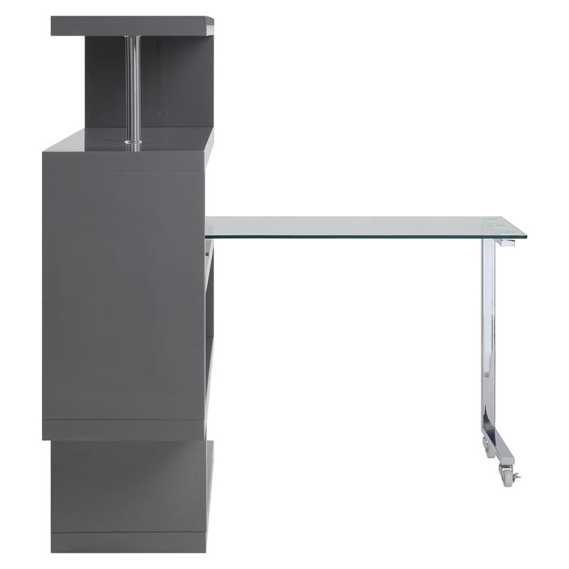 Bowery Hill Glass Top Writing Desk in Chrome and Gray High Gloss