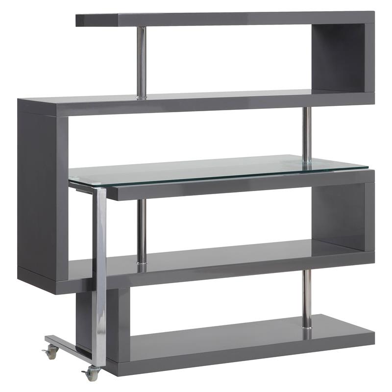 Bowery Hill Glass Top Writing Desk in Chrome and Gray High Gloss